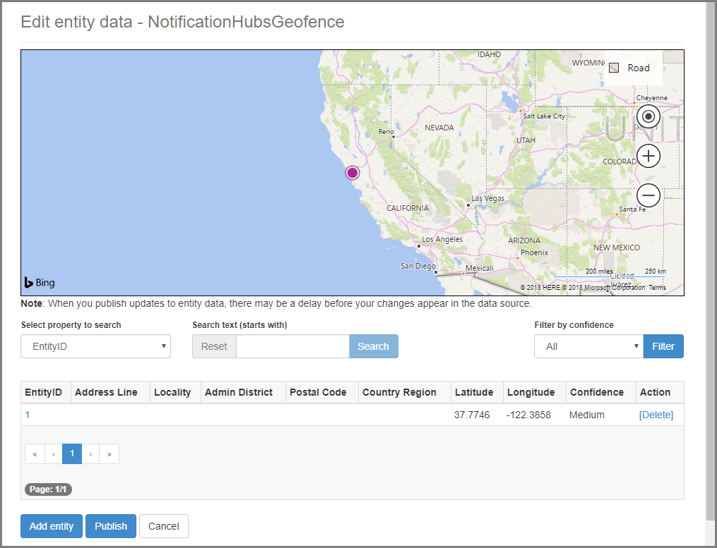 Screenshot della pagina Edit entity data che mostra una mappa degli Stati Uniti occidentali e un punto magenta sul waterfront di San Francisco.