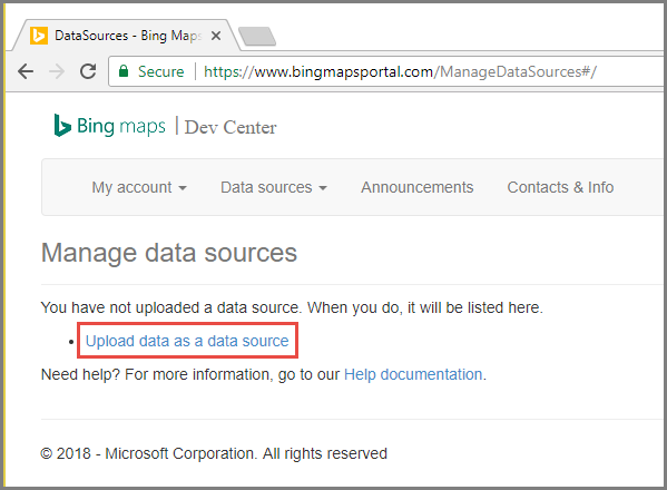 Screenshot di Bing Maps Dev Center nella pagina Manage Data Sources con l'opzione Upload data as a data source con contorno rosso.