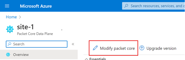 Screenshot del portale di Azure che mostra l'opzione Modifica core pacchetto.