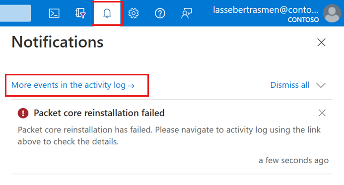 Screenshot del portale di Azure che mostra lo stato di reinstallazione del Packet Core nella schermata Notifiche.