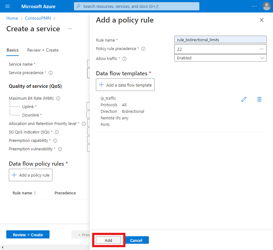 Screenshot del portale di Azure. La schermata Aggiungi una regola dei criteri viene visualizzata con la configurazione di limitazione del traffico e il pulsante Aggiungi è evidenziato.