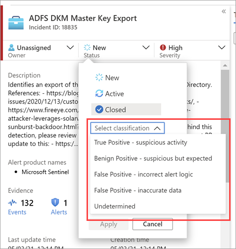 Screenshot that highlights the classifications available in the Select classification list.