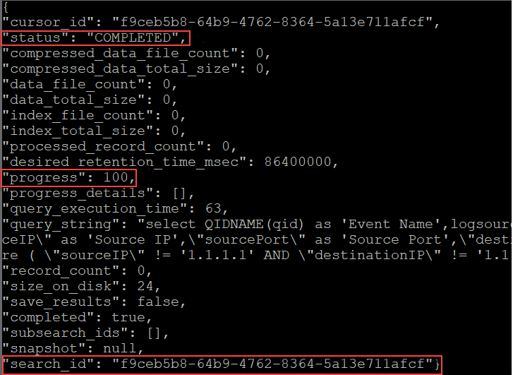 Screenshot dell'output del comando di query di ricerca.