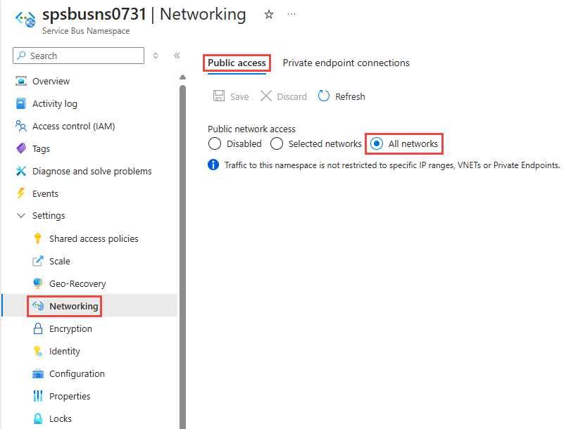 Screenshot della pagina Networking nel portale di Azure. L'opzione per consentire l'accesso da tutte le reti è selezionata nella scheda Firewall e reti virtuali.