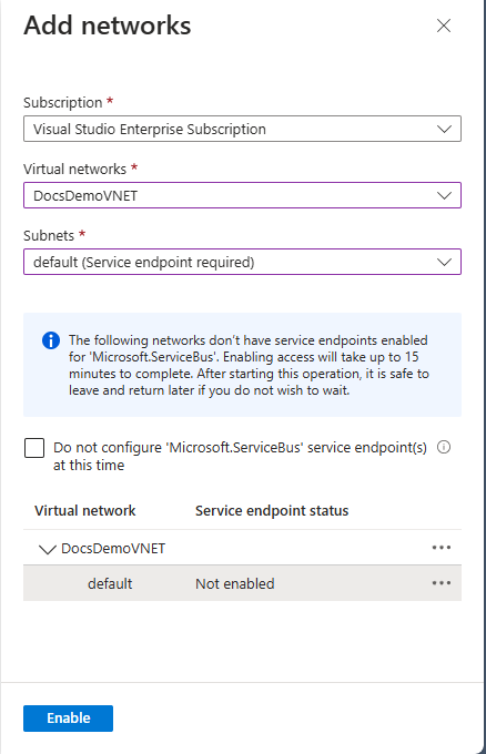 Screenshot che mostra la selezione della rete virtuale e della subnet.