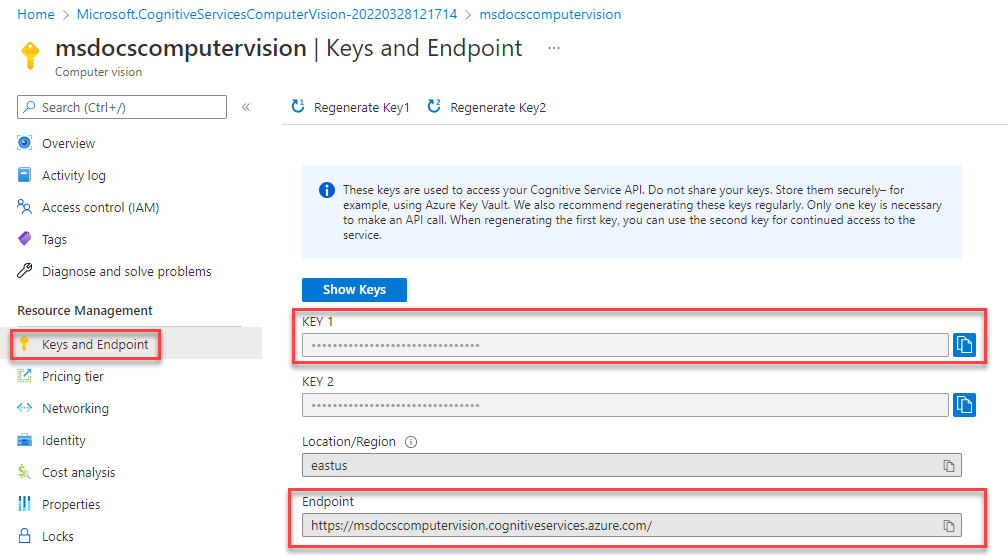 Screenshot che mostra come recuperare le chiavi e l'endpoint URL per un servizio Visione artificiale.