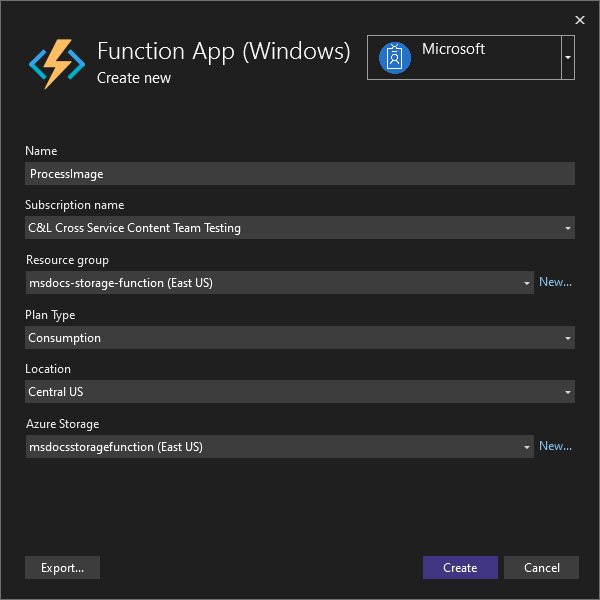 Screenshot che mostra come creare una nuova app per le funzioni in Azure.