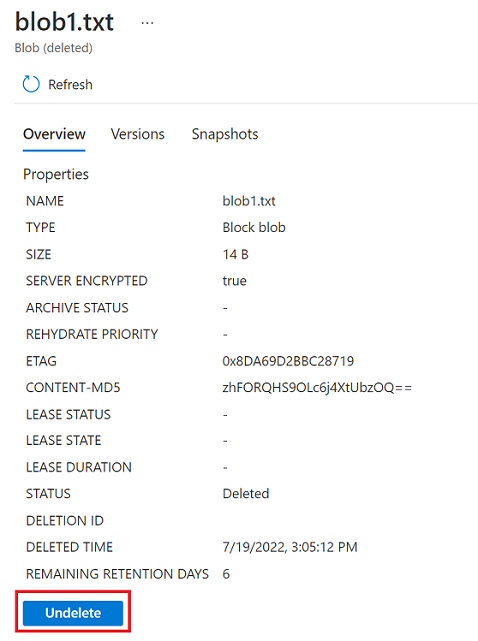 Screenshot che mostra come ripristinare un BLOB eliminato  soft in portale di Azure