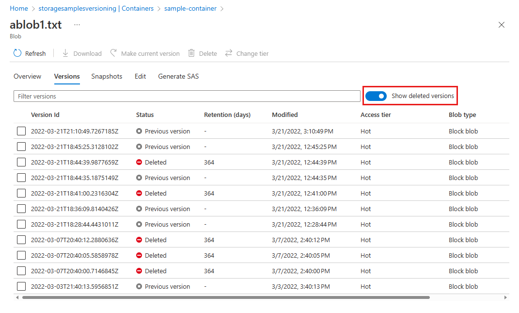 Screenshot che mostra come elencare le versioni eliminate  temporanea in portale di Azure.