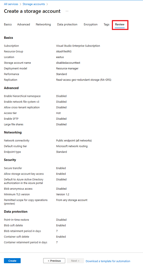 Screenshot che mostra una configurazione standard per un nuovo account di archiviazione - Scheda Revisione.