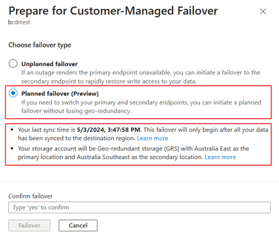 Screenshot che mostra l'opzione di failover pianificato selezionata nella finestra Prepararsi per il failover.