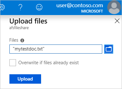 Screenshot che mostra come esplorare e caricare un file nella nuova condivisione file usando il portale di Azure.