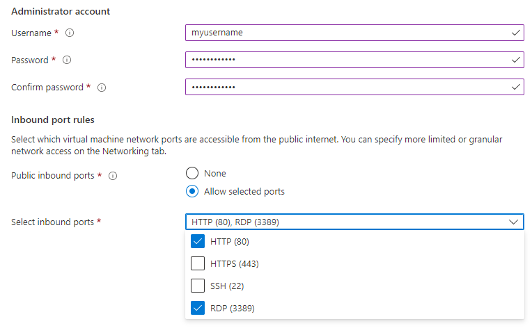 Screenshot che mostra come impostare il nome utente, la password e le regole delle porte in ingresso per la V M.