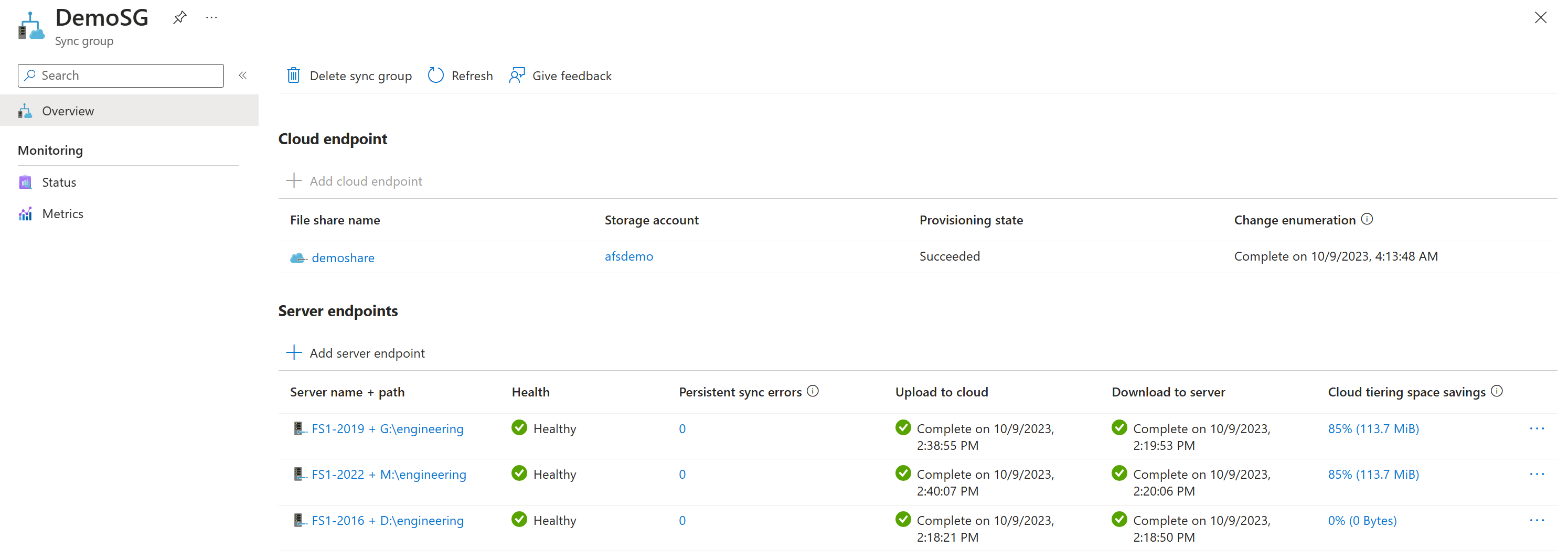 Screenshot che mostra l'integrità dell'endpoint server nel portale di Azure.