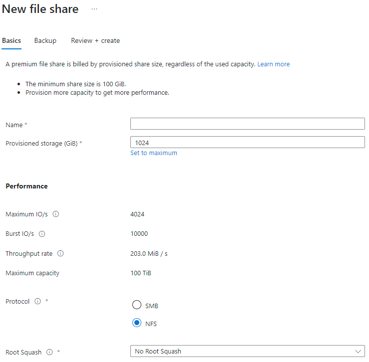 Screenshot della scheda Informazioni di base nel pannello nuova condivisione file (con provisioning v1).