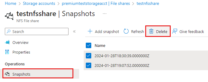 Screenshot dell'eliminazione di snapshot di condivisione file.