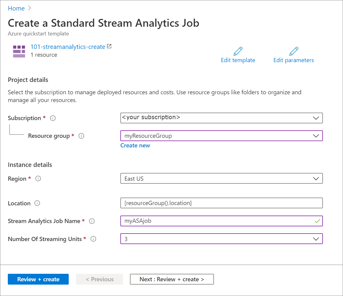 Creare un processo di Analisi di flusso di Azure con un modello di Azure Resource Manager