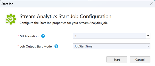 Screenshot che mostra la finestra di dialogo Start Job Configuration di Analisi di flusso.