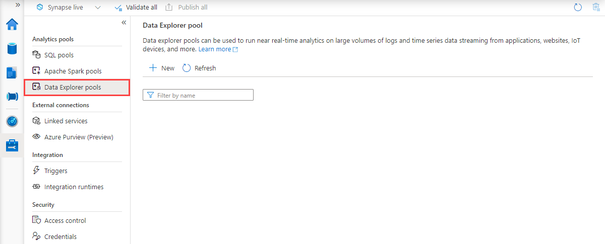Synapse Studio management hub with Data Explorer pools navigation selected
