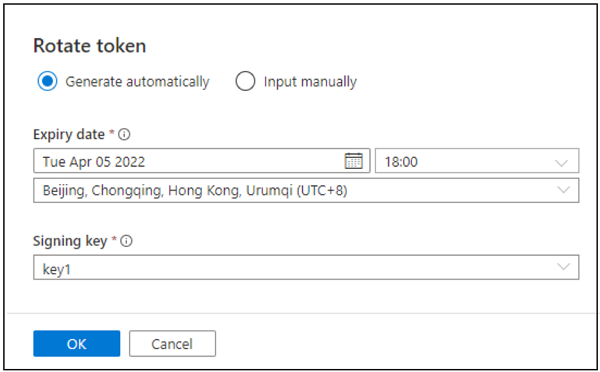 Screenshot che mostra come ottenere un nuovo token di firma di accesso condiviso.