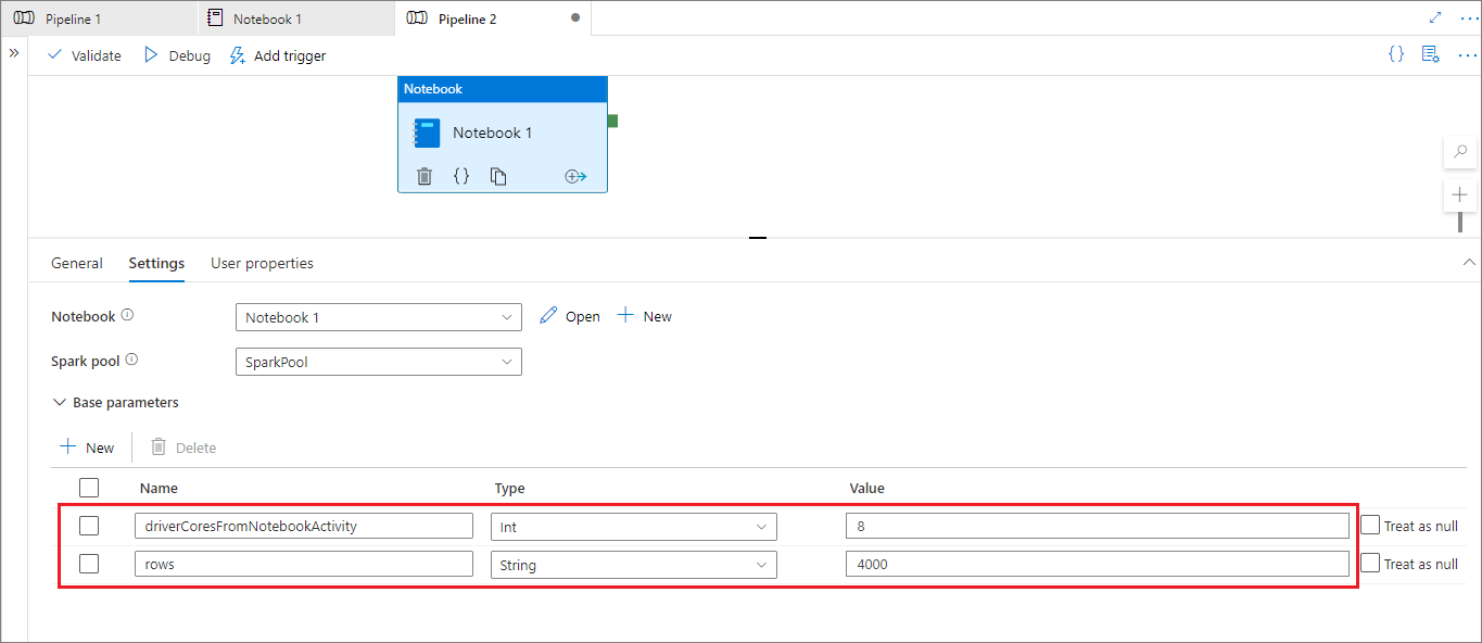 Screenshot della configurazione della sessione con parametri in un notebook di Synapse.