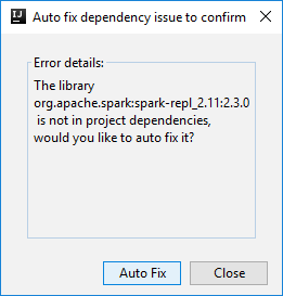 IntelliJ IDEA: finestra di dialogo per correzione automatica Spark 1