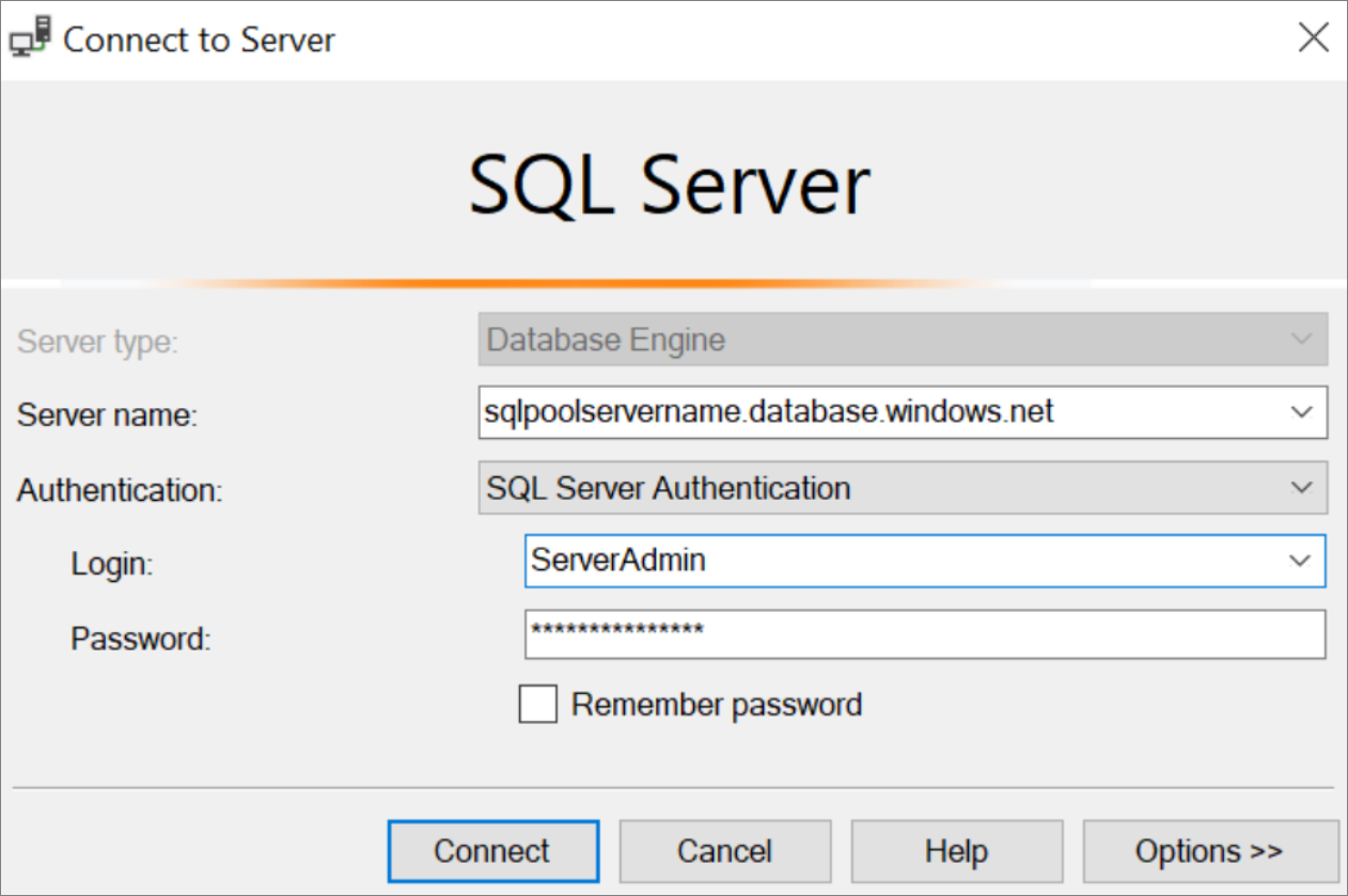 Screenshot di SQL Server Management Studio (SSMS). Connettersi al server.