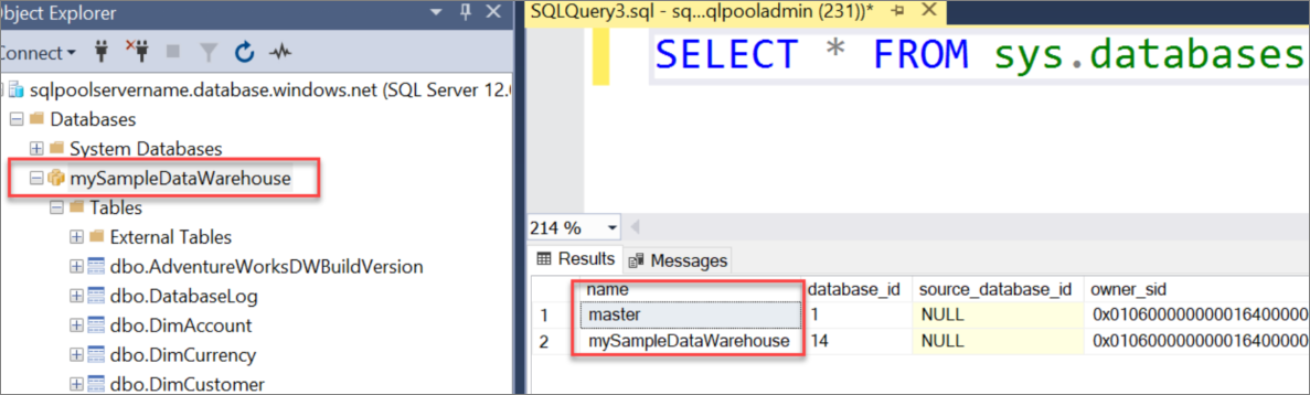 Screenshot di SQL Server Management Studio (SSMS). Eseguire query sui database in SSMS, che mostra master e mySampleDataWarehouse nel set di risultati.