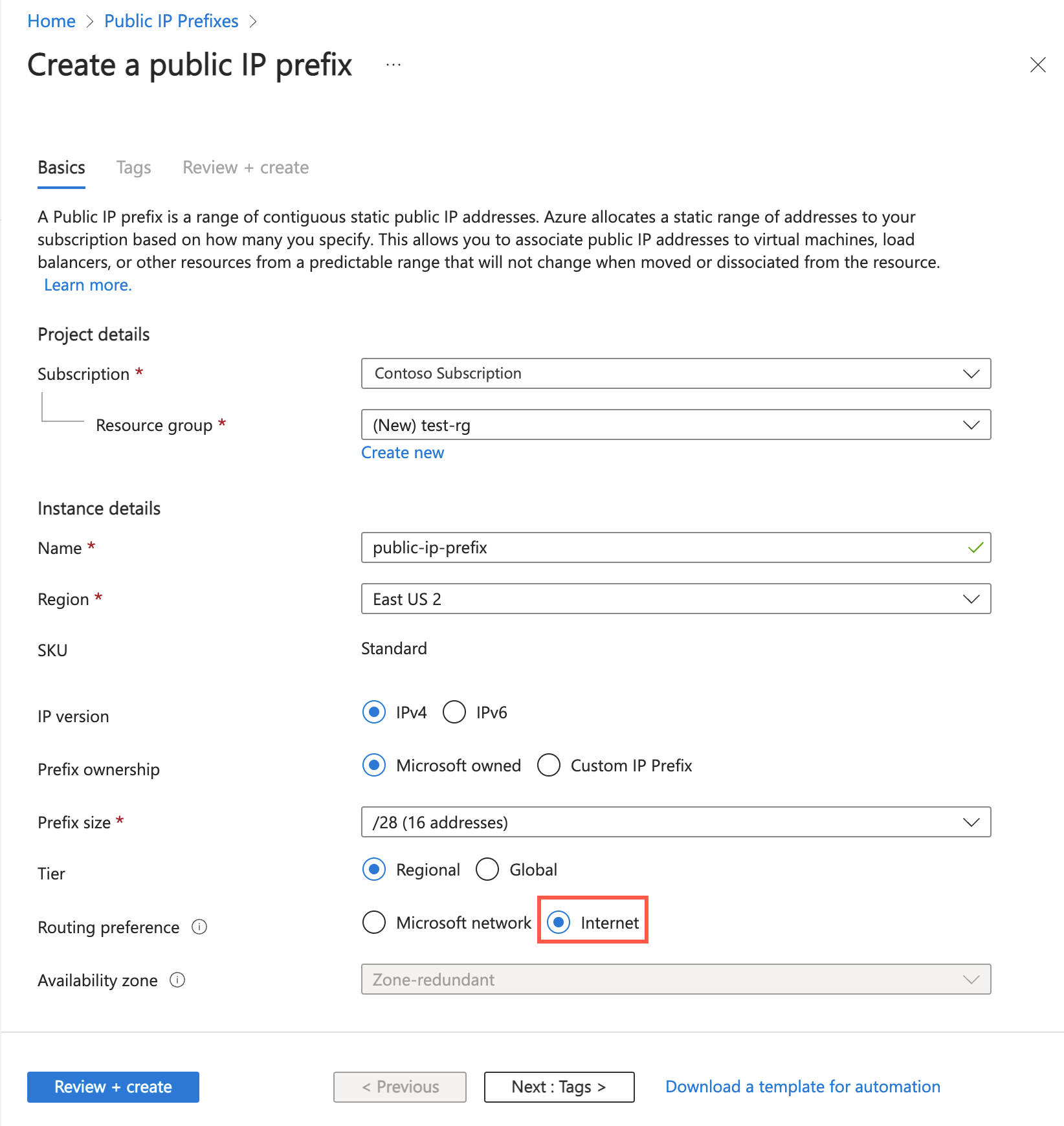 Screenshot della creazione del prefisso dell'indirizzo IP pubblico con preferenza di routing nel portale di Azure.