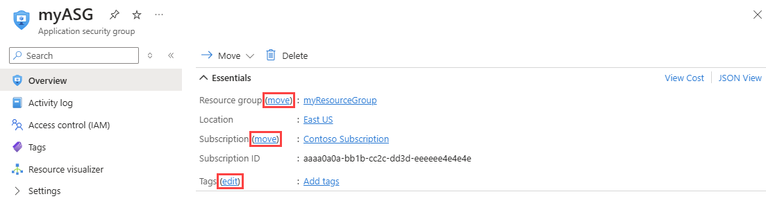 Screenshot che mostra la modifica di un gruppo di sicurezza delle applicazioni nel portale di Azure.