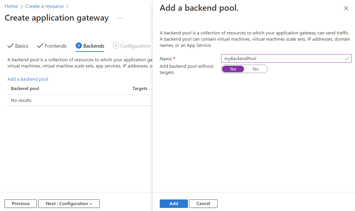 Screenshot di Create new application gateway: Backends (Crea nuovo gateway applicazione: back-end).