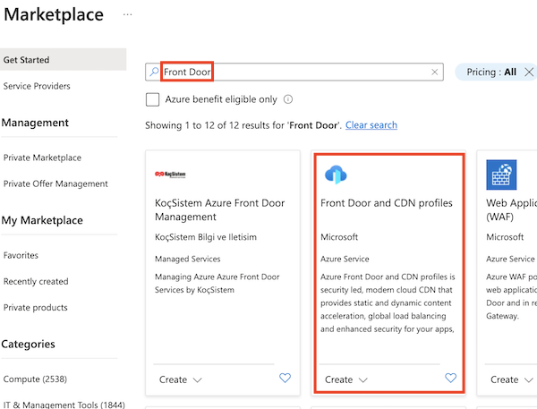 Screenshot che mostra il marketplace, con Frontdoor evidenziato.