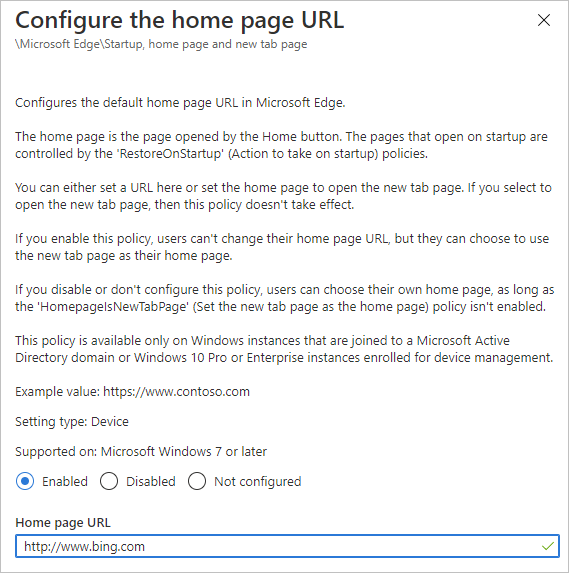 Configurare il criterio dell'URL della home page