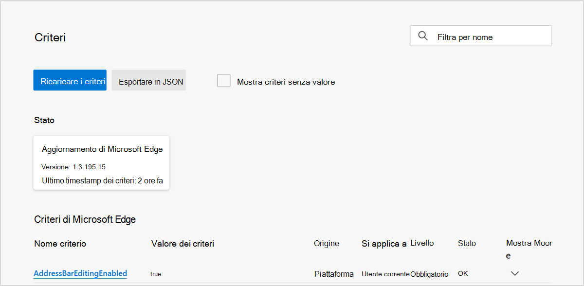 Visualizzare i criteri configurati nel browser