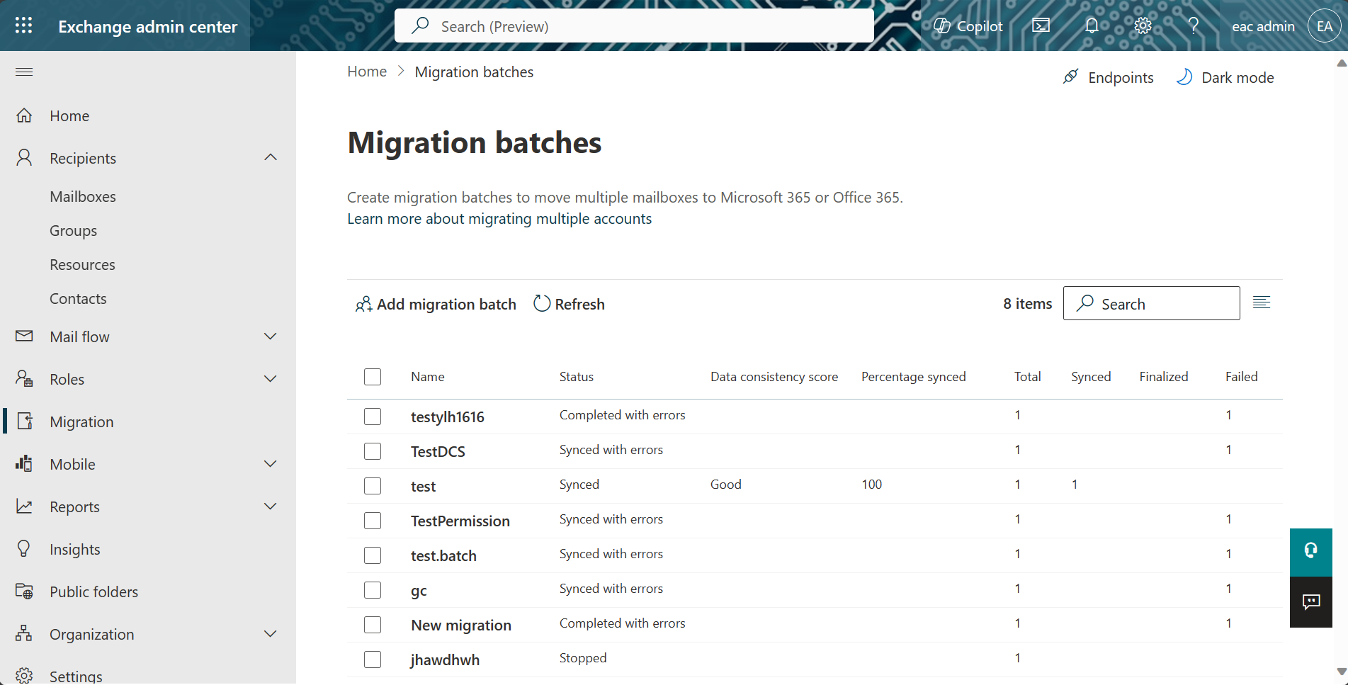 Screenshot della pagina Batch di migrazione in Exchange Amministrazione Center.