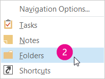 Menu della barra di spostamento di Outlook 2013 per accedere a Cartelle.