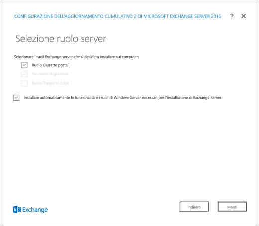 Installazione di Exchange, Pagina Selezione del ruolo server, selezione ruolo Cassette postali.