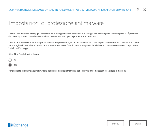 Installazione di Exchange, Pagina Impostazioni di protezione antimalware.