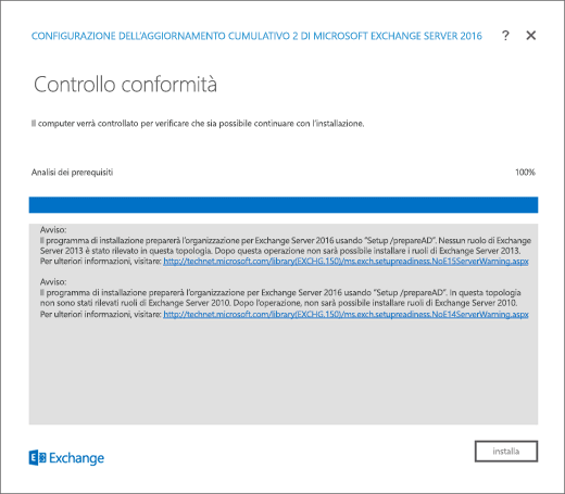 Installazione di Exchange, Pagina Verifica preparazione con errori risolti.