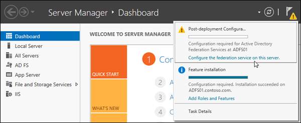 In Server Manager, fare clic su Notifiche per visualizzare l'avviso contenente il collegamento a Configurare il servizio federativo nel server.