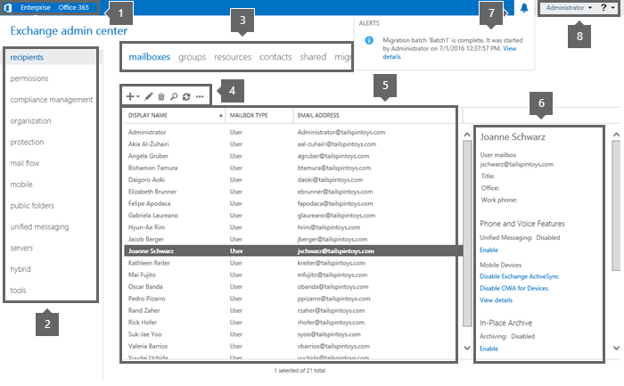 Interfaccia di amministrazione di Exchange.