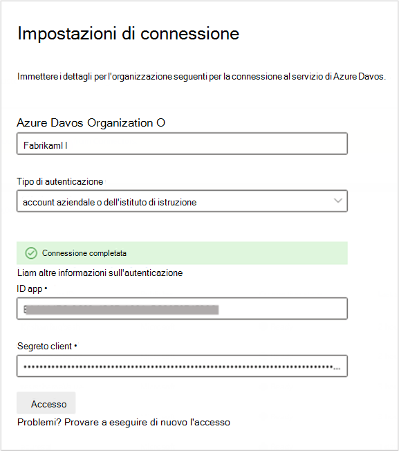 Impostazioni dell'applicazione di connessione.