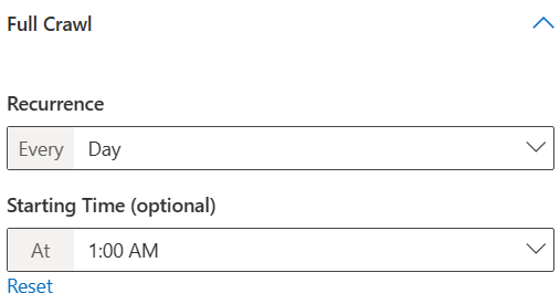 Screenshot che mostra l'esecuzione della ricerca per indicizzazione completa ogni giorno all'1:00.