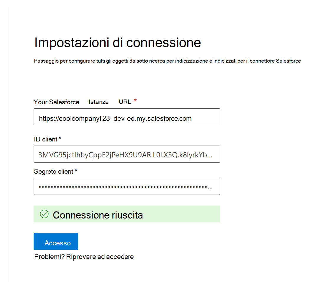 Screenshot dell'accesso riuscito. Il banner verde 