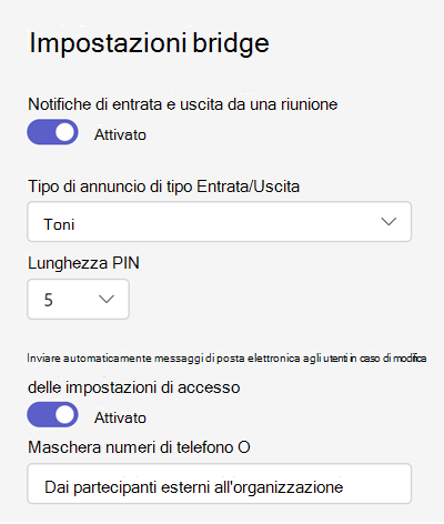 Screenshot dei criteri bridge conferenza di Teams nell'interfaccia di amministrazione di Teams.