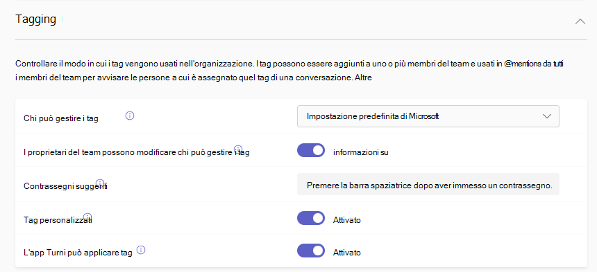 Screenshot delle impostazioni di tagging nell'interfaccia di amministrazione di Microsoft Teams.