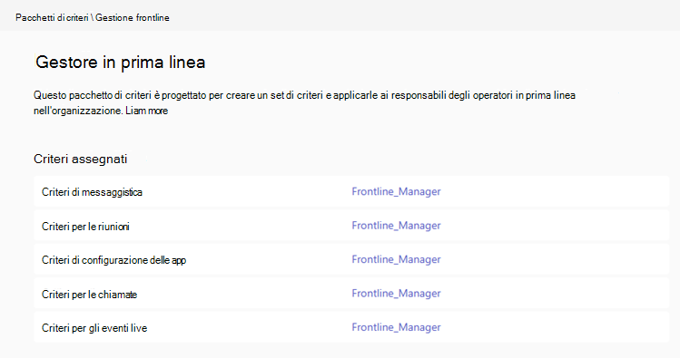 Screenshot dei criteri nel pacchetto di criteri per i responsabili in prima linea.