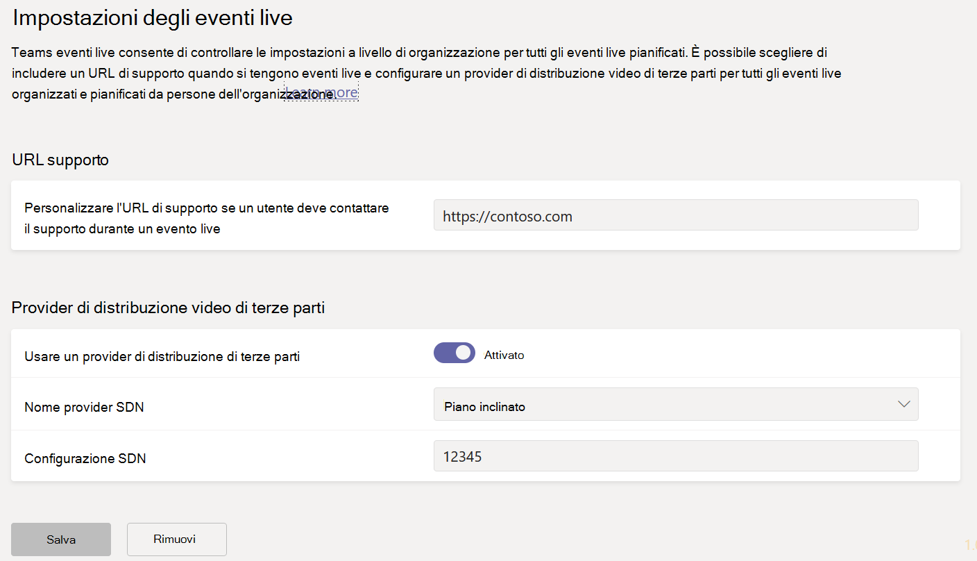 Screenshot delle impostazioni degli eventi live di Teams.