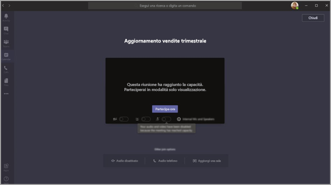 la schermata preliminare di accesso di Teams e il messaggio di notifica ai partecipanti per l’accesso in modalità di sola visualizzazione.