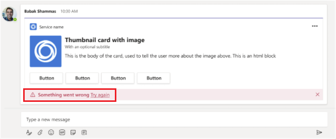 Screenshot shows an Error message in an Adaptive Card.